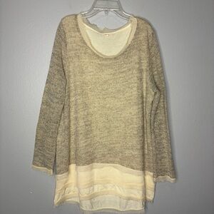 Easel Carly Tunic Sweater Fringe Layered Large Cream/Tan Long Sleeve Raw Hem